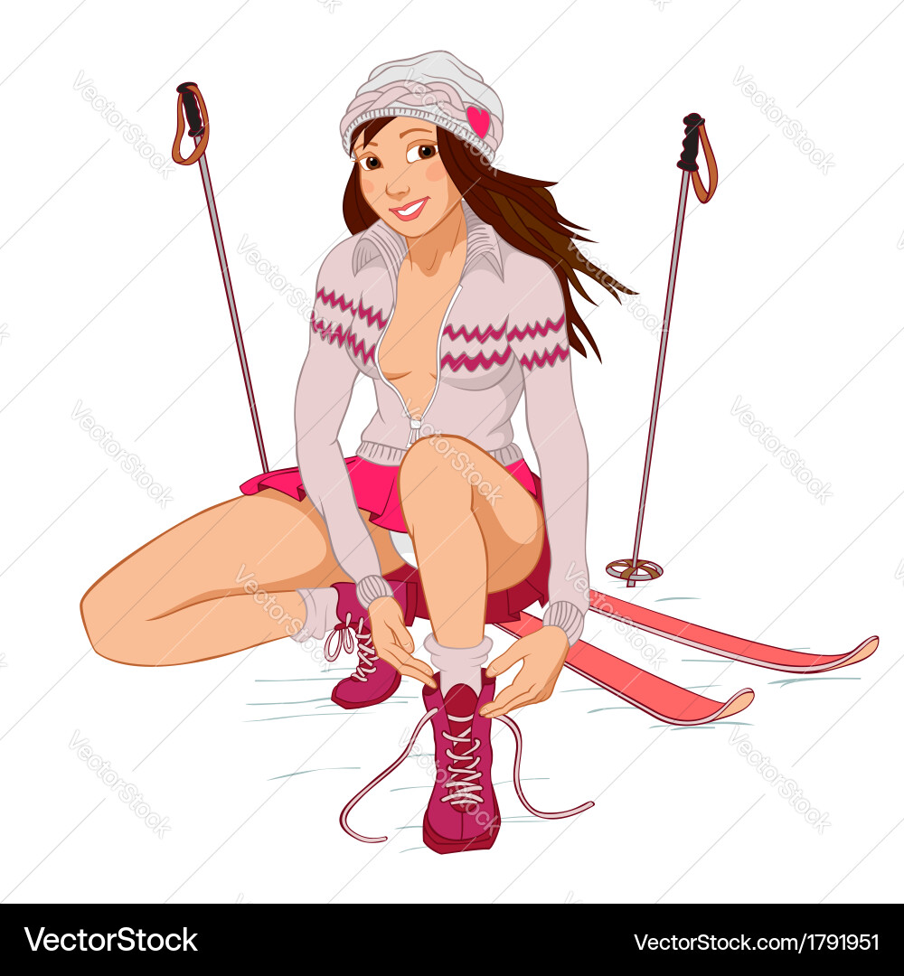 Beautiful pin-up girl with skis vector image