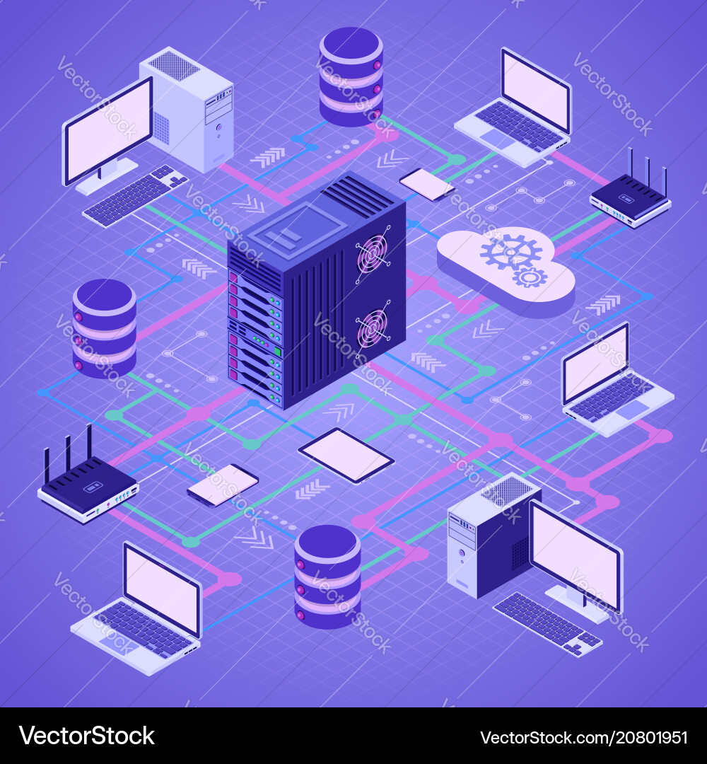 Data network cloud computing technology isometric Data network cloud computing technology isometric vector image