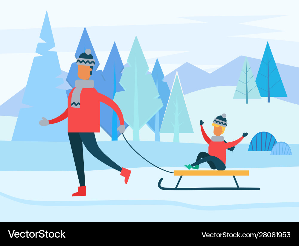 Familienurlaub mit Schlitten im Winter Familienurlaub mit Schlitten im Winter vektorbild