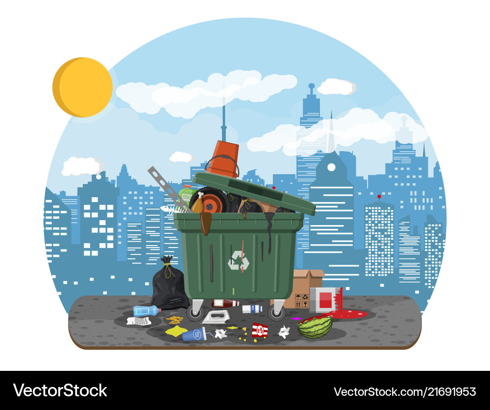 Garbage bin full of trash overflowing container Garbage bin full of trash overflowing container vector image