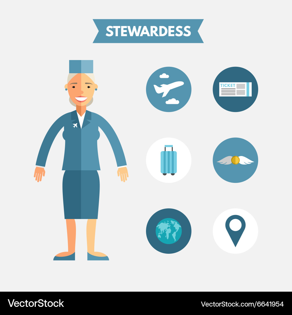 Flat design of stewardess with icon set vector image