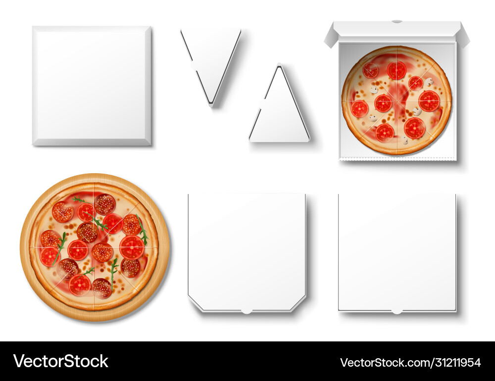 Realistic blank white pizza cardboard box mockup Realistic blank white pizza cardboard box mockup vector image