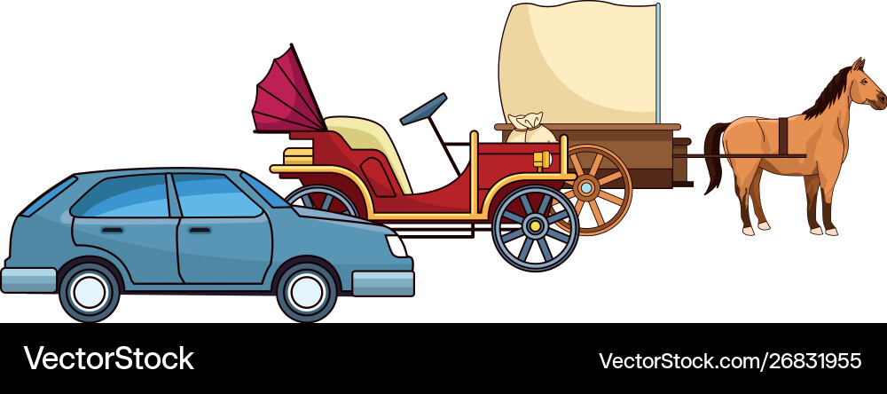 Classic cars and horse carriages vehicles Classic cars and horse carriages vehicles vector image