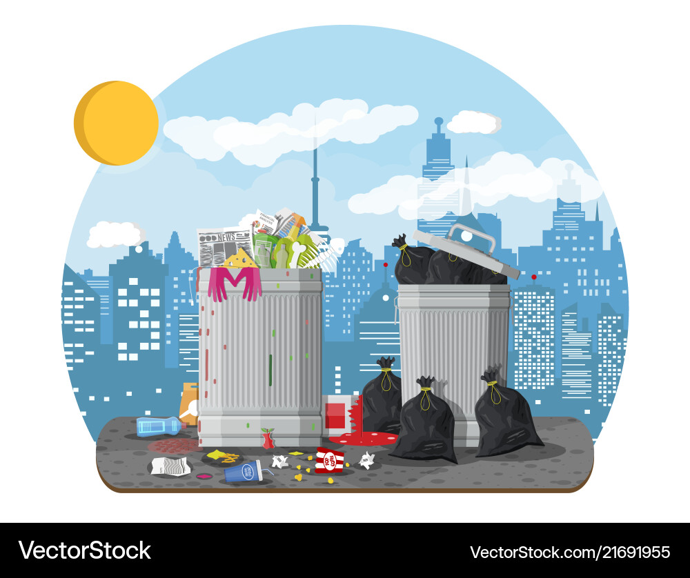 Garbage bin full of trash overflowing container Garbage bin full of trash overflowing container vector image