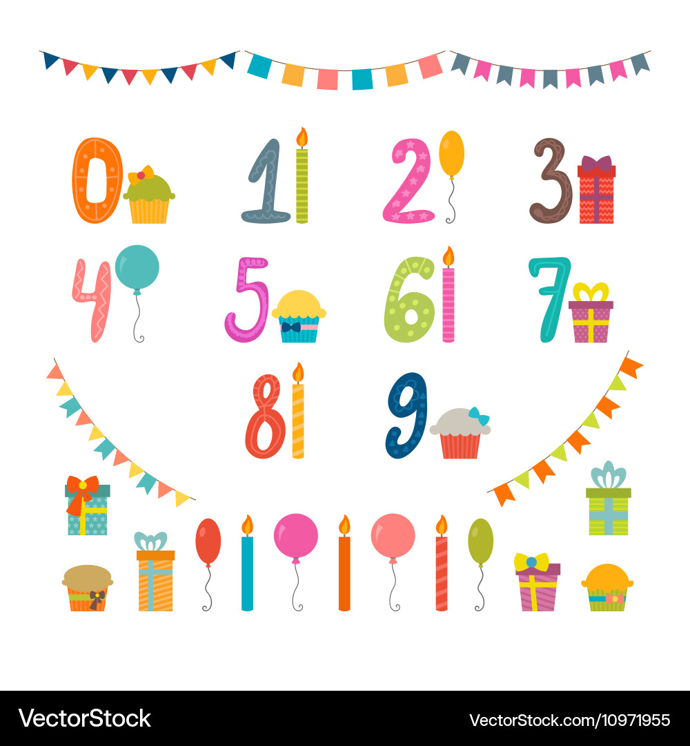 Set of birthday party design elements with numbers vector image