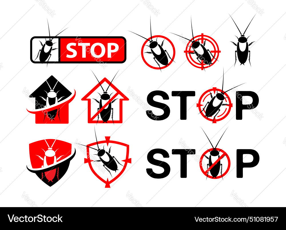 Cockroach emblems pest control badges set design Vector Image