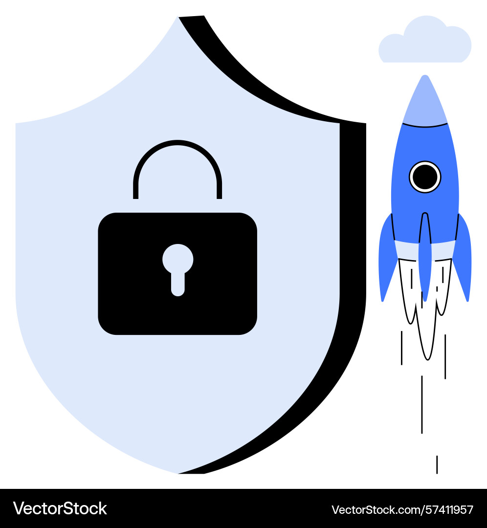 Shield with lock and rocket representing security Shield with lock and rocket representing security vector image