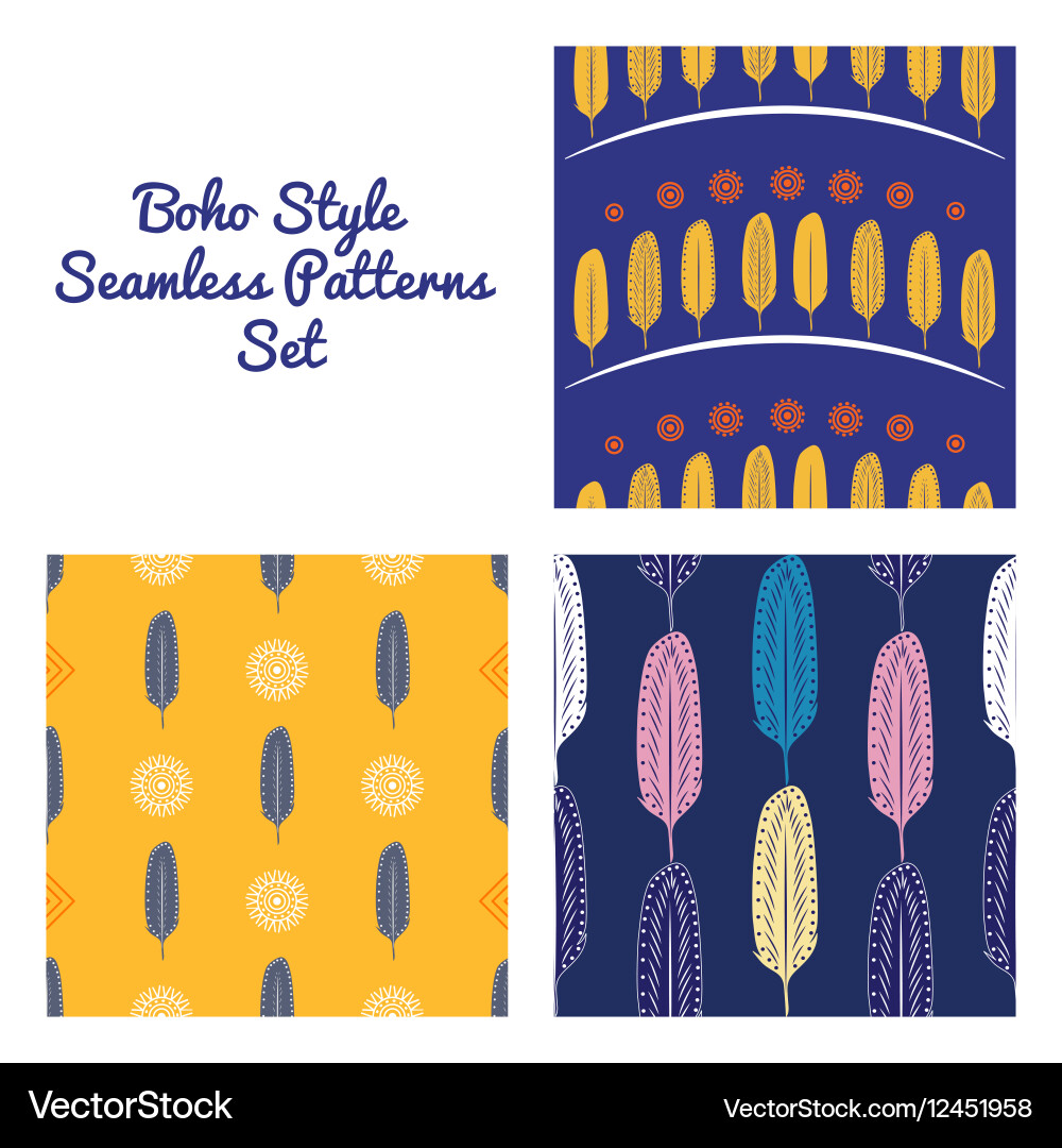 Boho style feathers seamless patterns set vector image