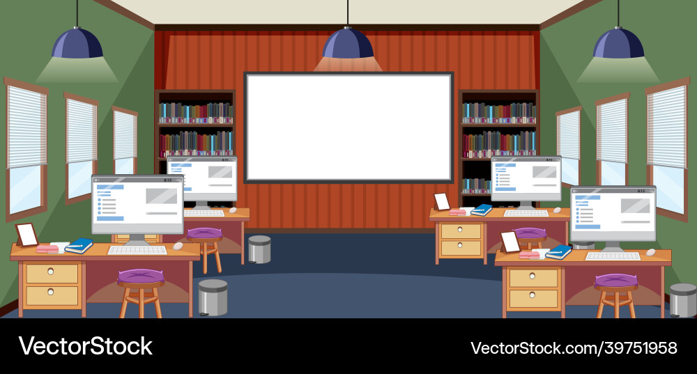 Classroom scene with many computers on desks Classroom scene with many computers on desks vector image