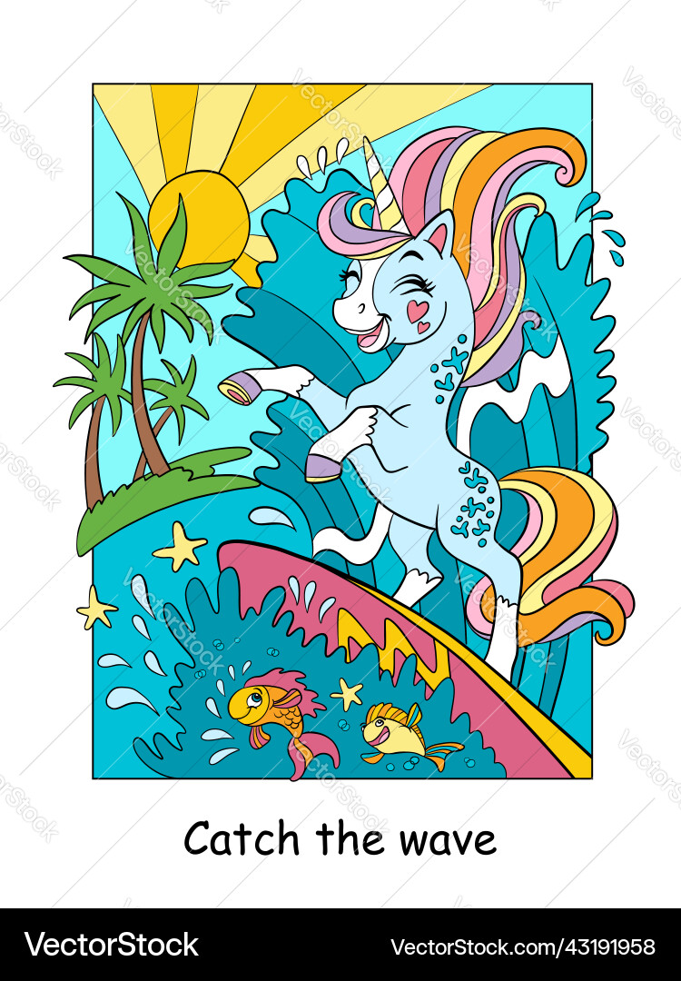 Süße Einhorn fängt eine Welle auf Surfboard-Farbe Süße Einhorn fängt eine Welle auf Surfboard-Farbe vektorbild