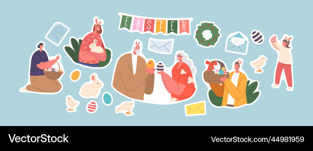 Happy Easter Stickers - Family & Animals Vector Image
