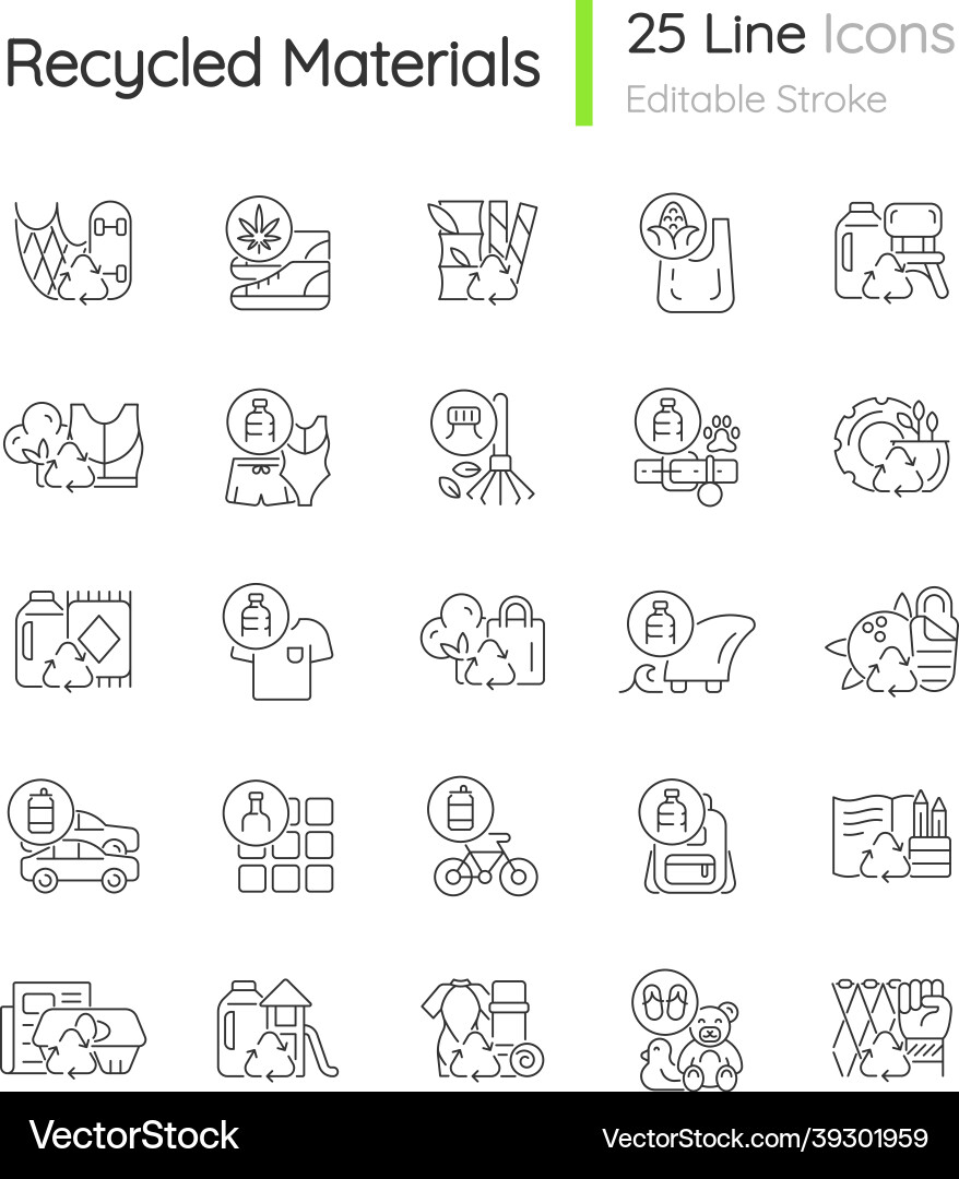 Recycled materials linear icons set Vector Image