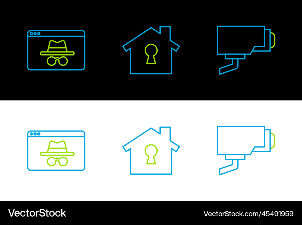 Set line security camera browser incognito window Vector Image
