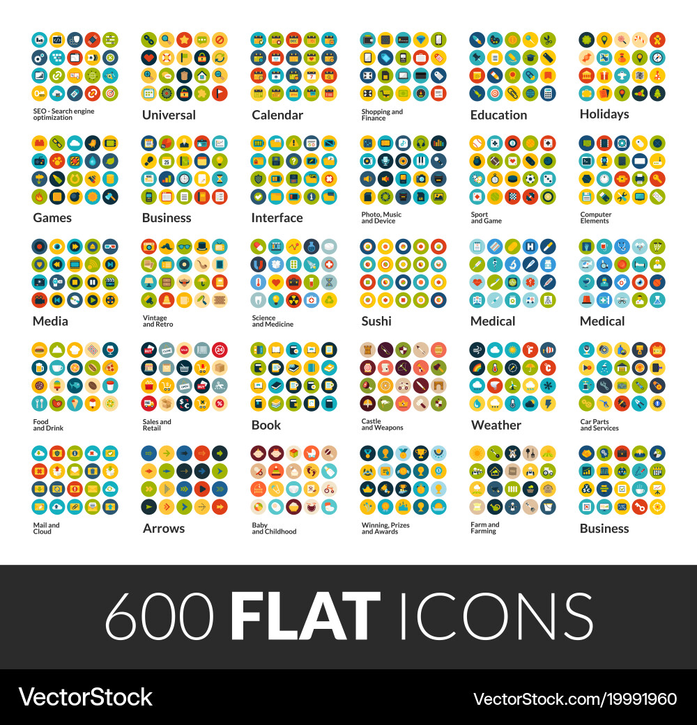 Flat Color Icon Set - 600 Icons Royalty Free Vector Image