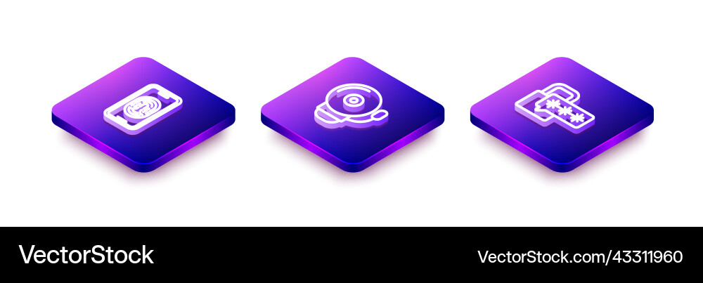 Set isometric line mobile with fingerprint scanner Vector Image