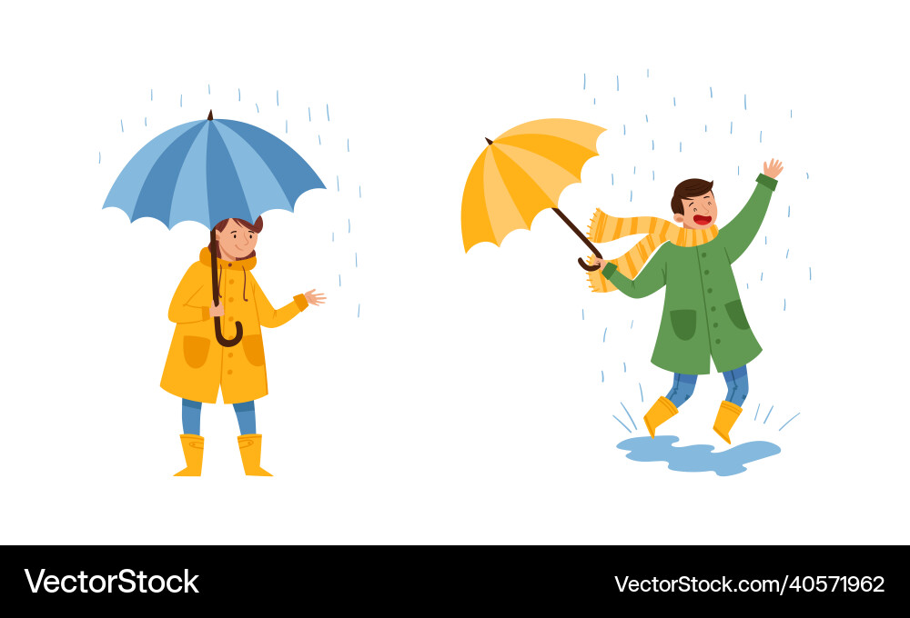 Children walking with umbrellas on rainy windy day Children walking with umbrellas on rainy windy day vector image