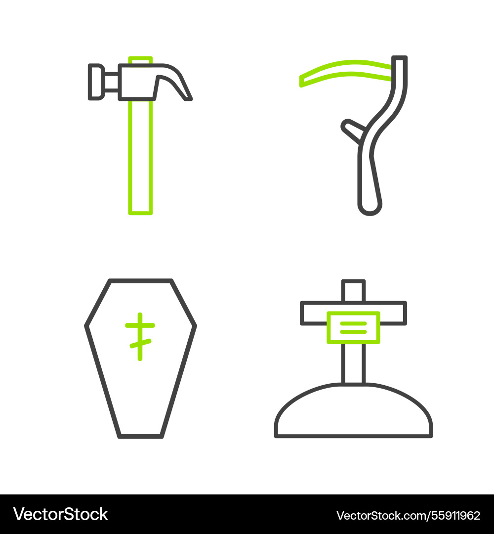 Set line grave with cross coffin scythe Set line grave with cross coffin scythe Vector Image