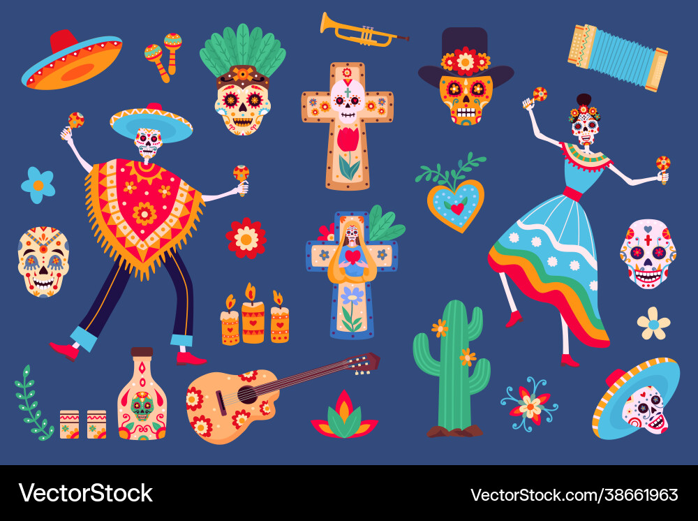 Day dead elements skeleton characters Day dead elements skeleton characters vector image