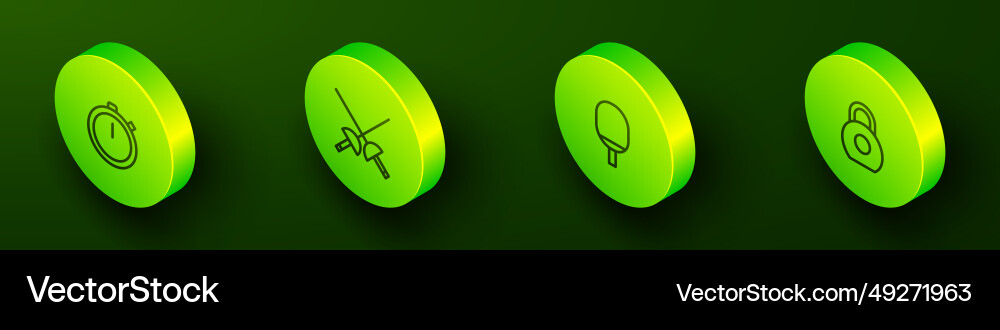 Set isometric line stopwatch fencing racket Set isometric line stopwatch fencing racket Vector Image