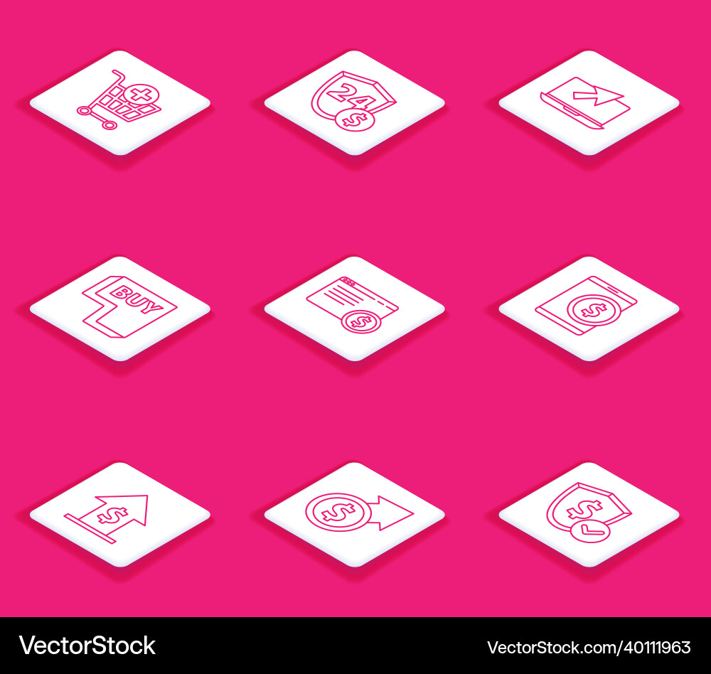 Set line add to shopping cart shield with dollar Set line add to shopping cart shield with dollar vector image