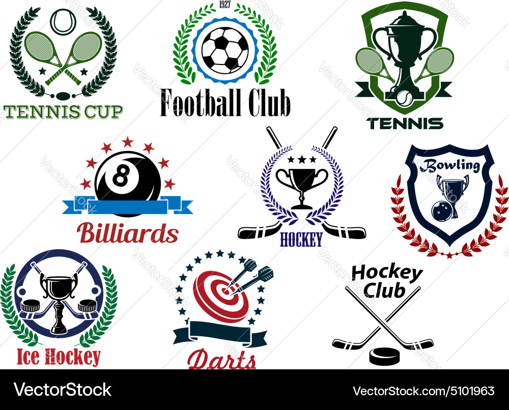 Sporting emblems with items and heraldic elements Vector Image