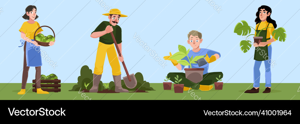 Gardening or farm works men and women gardeners Gardening or farm works men and women gardeners vector image