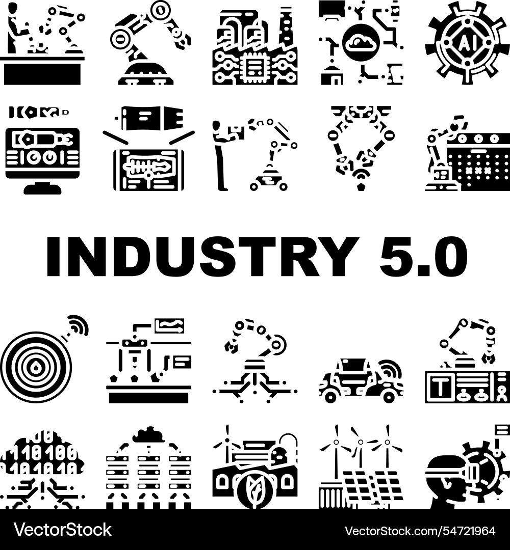 Industry 5 automation robotics icons set Industry 5 automation robotics icons set vector image