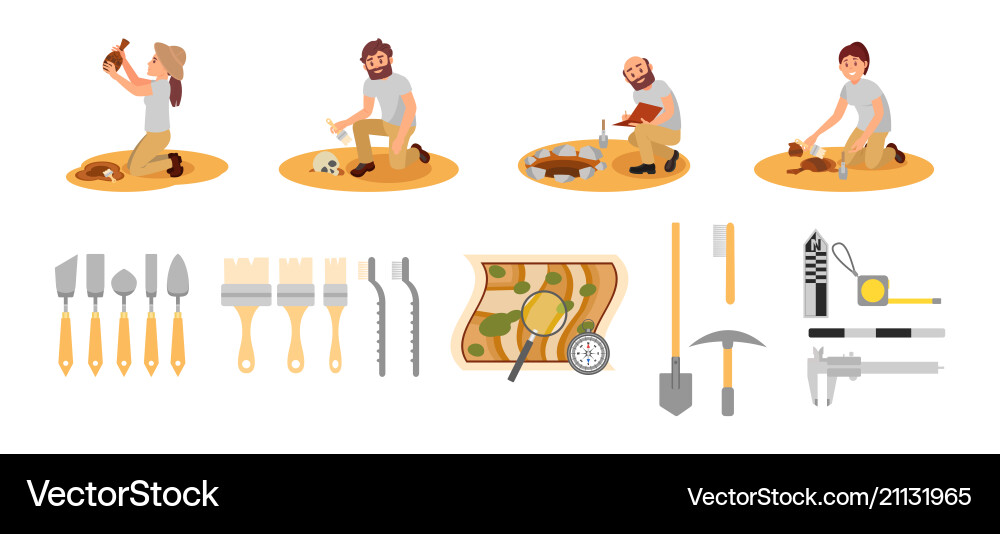 Flat set of archaeologists and tools Vector Image