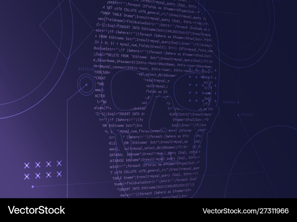 Computer source code on a screen with skull Computer source code on a screen with skull Vector Image
