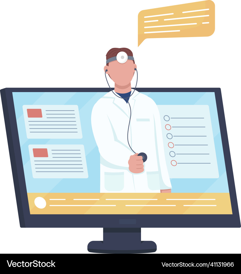 Computer with doctor call semi flat color object Computer with doctor call semi flat color object Vector Image