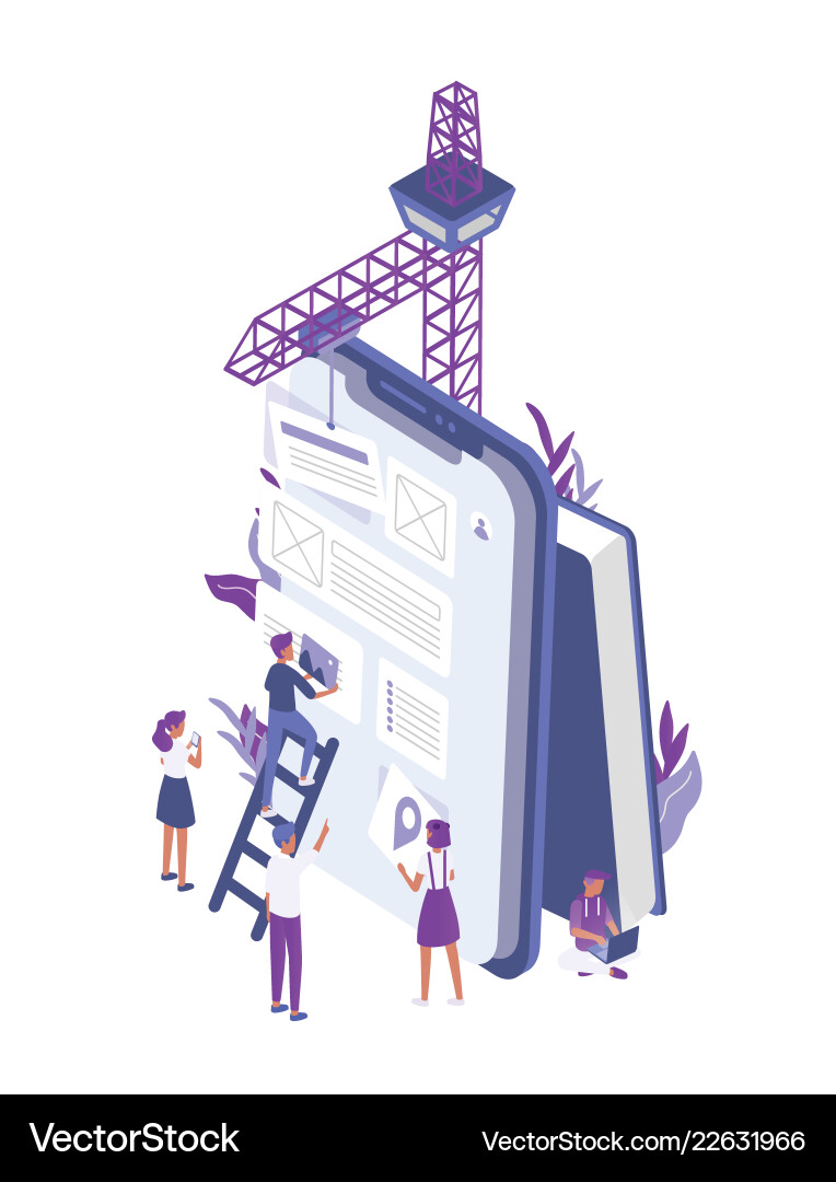 Group of tiny people creating or building mobile Group of tiny people creating or building mobile vector image