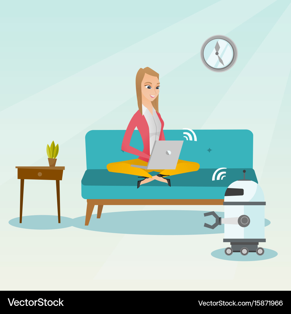 Young caucasian engineer programming a robot Vector Image