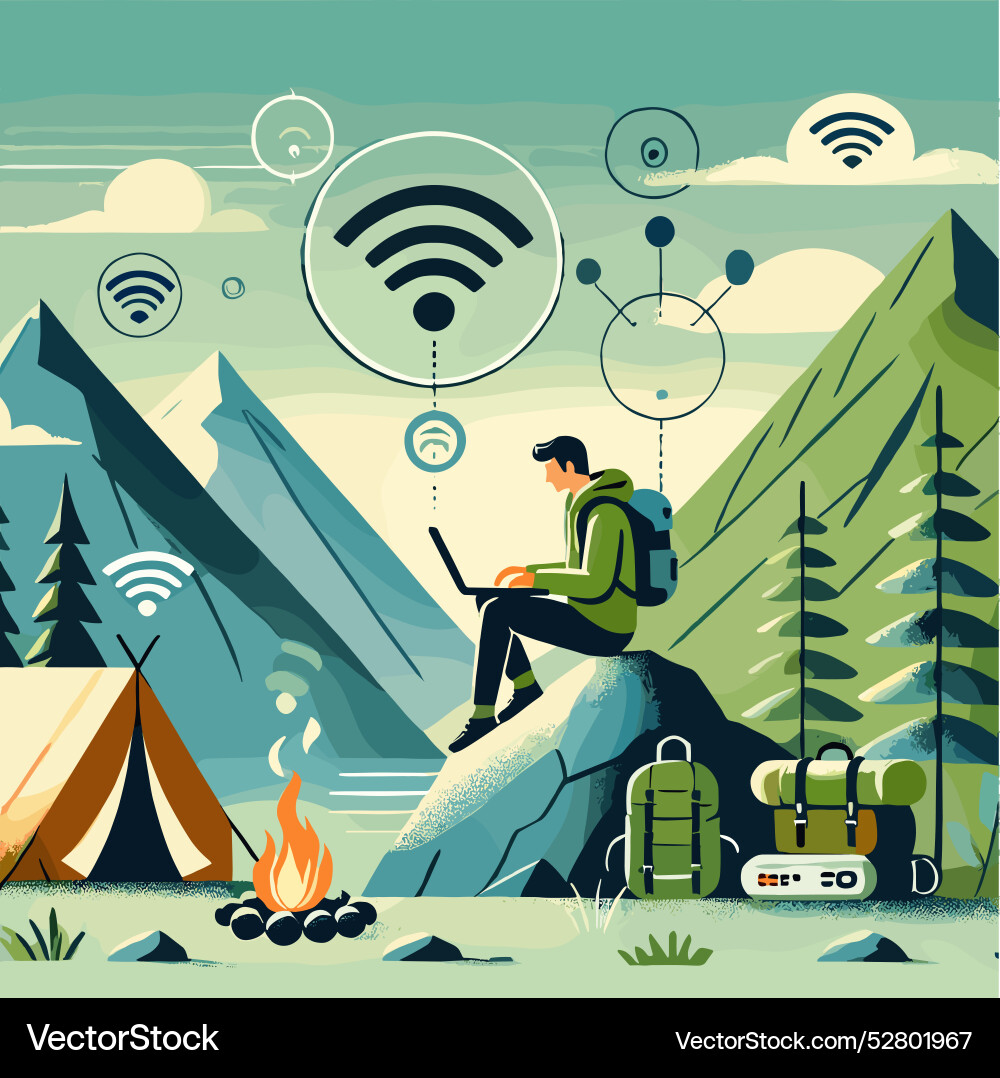 Digital nomad in the mountains remote work advent Vector Image