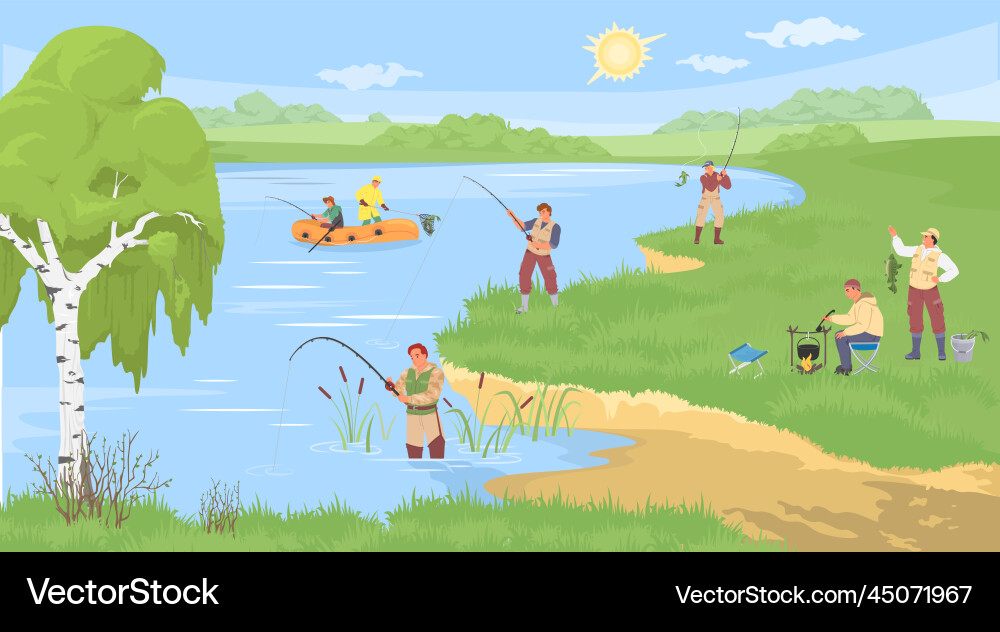 People engaged fishing on river bank flat People engaged fishing on river bank flat vector image