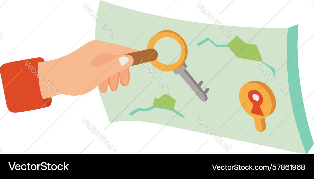 Hand finding key on map symbolizing solution vector image