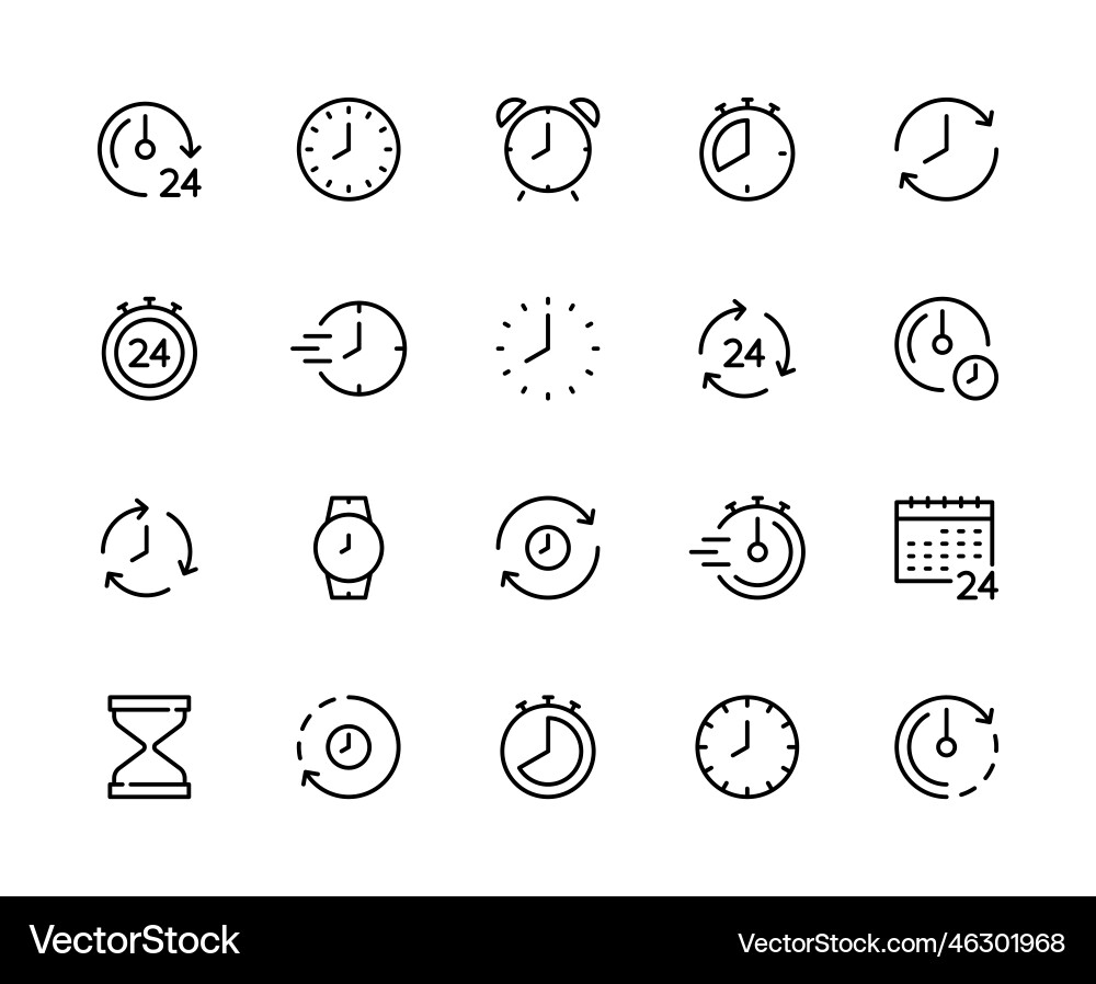 Time and clock linear icons set Time and clock linear icons set Vector Image