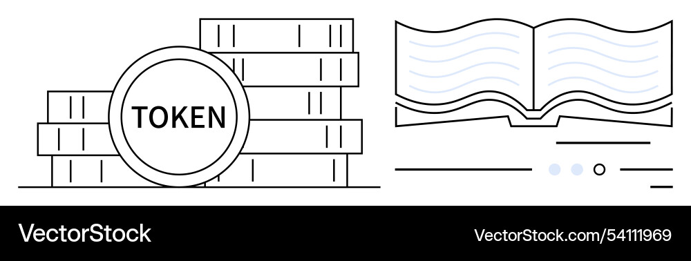 Crypto tokens stack near open book representing Vector Image