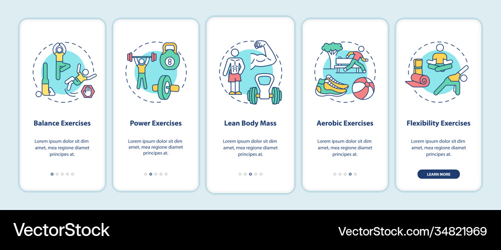 Exercises onboarding mobile app page screen Exercises onboarding mobile app page screen vector image