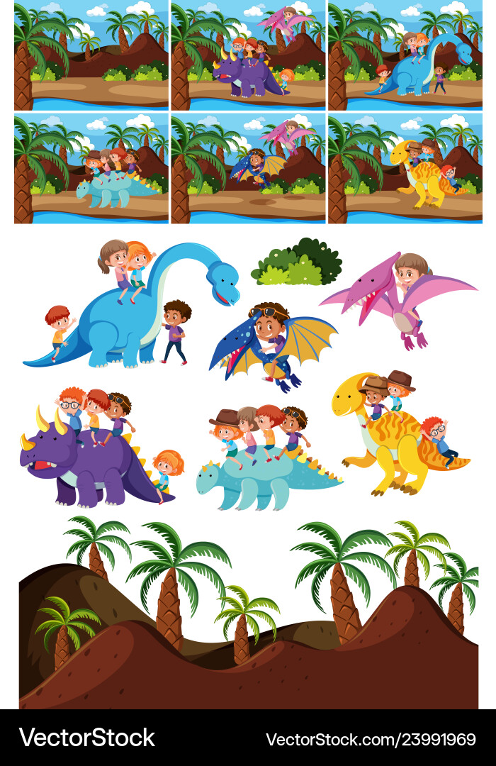 Set of dinosaur character and scene Set of dinosaur character and scene vector image