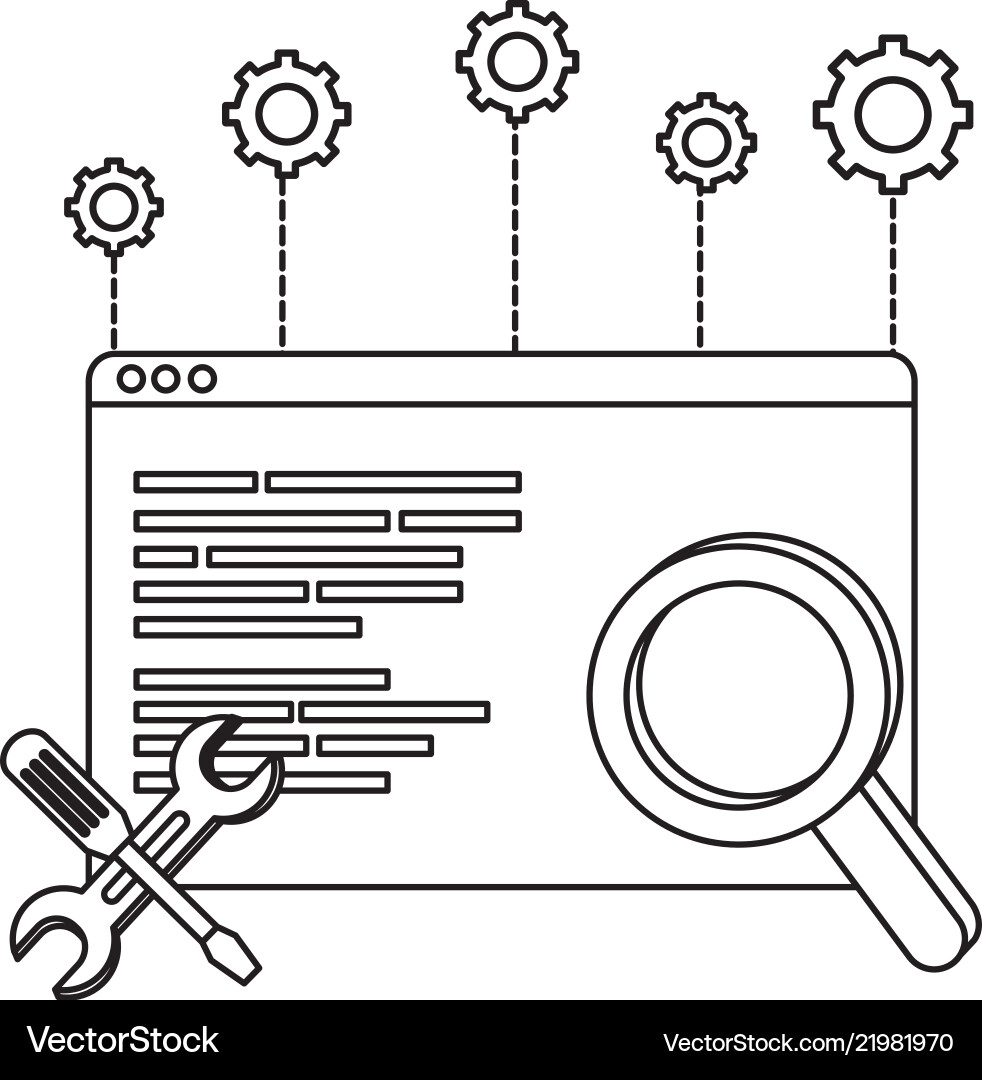 Outline website code program and magnifying glass vector image