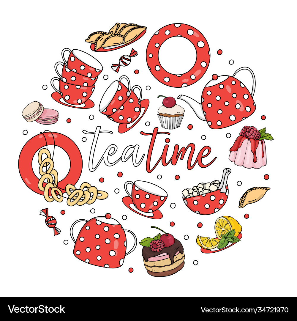Tea set sweets pastries and words time Tea set sweets pastries and words time vector image