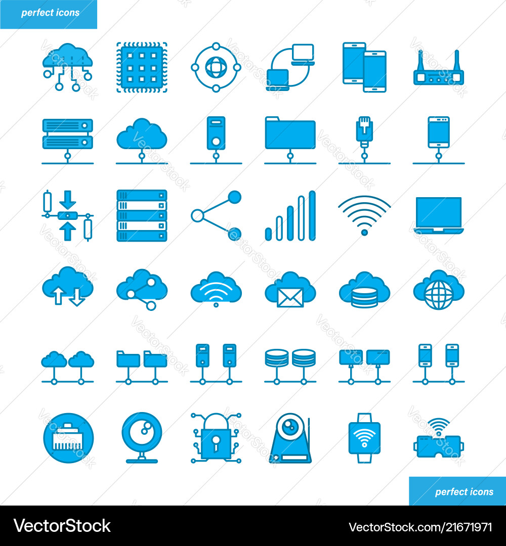 Computer networks and database blue icons set Vector Image