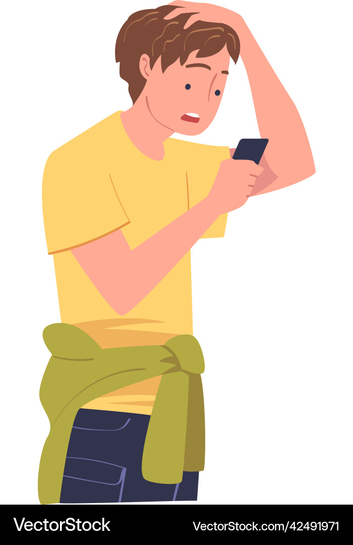 Man character with smartphone reading shock Man character with smartphone reading shock Vector Image