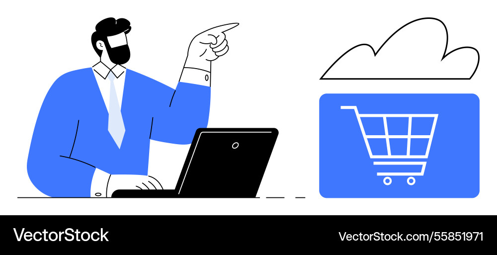 Man using laptop and pointing towards cloud-based Man using laptop and pointing towards cloud-based vector image