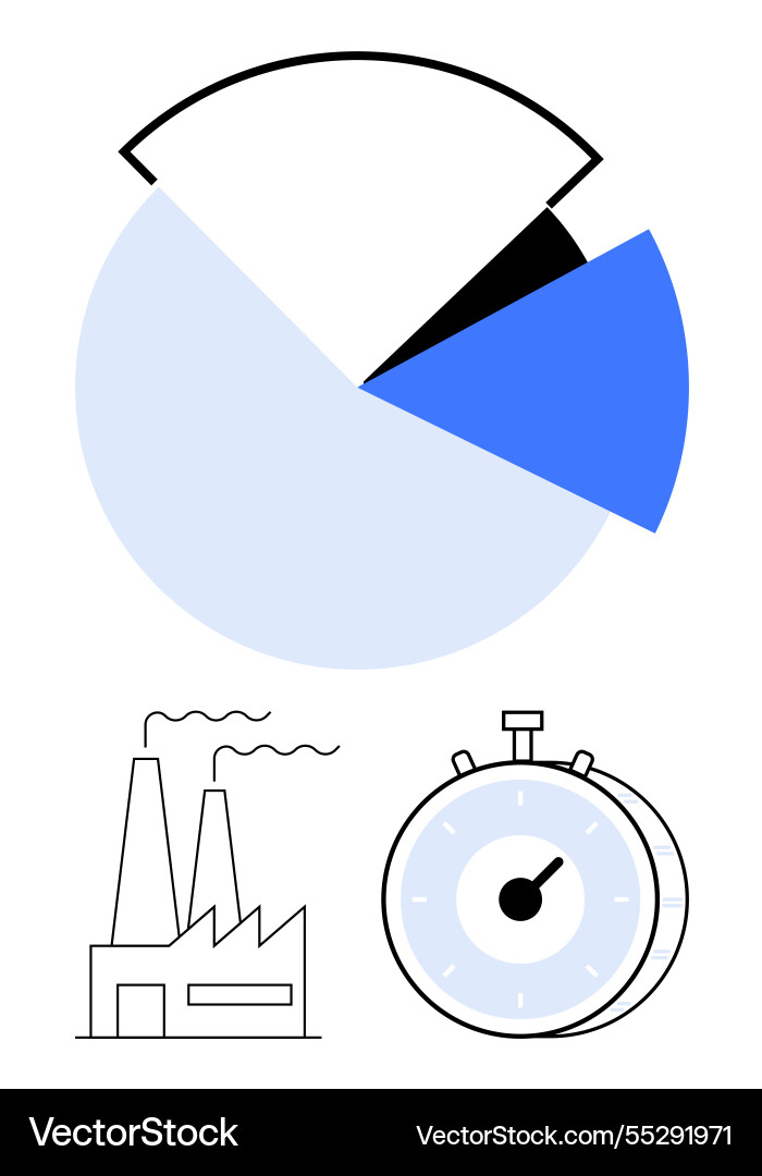 Pie chart factory building and stopwatch Pie chart factory building and stopwatch Vector Image