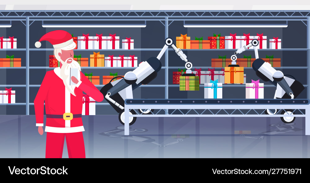 Santa claus controlling industrial robots loading Santa claus controlling industrial robots loading vector image