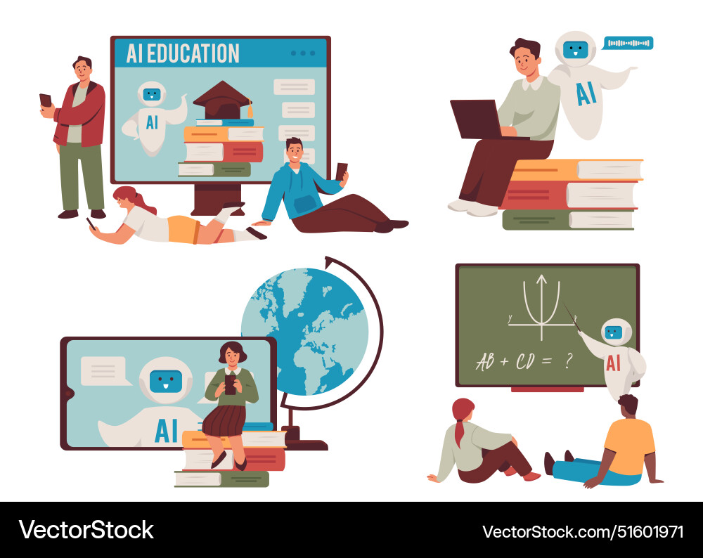 Set of people learning with ai robots flat style vector image