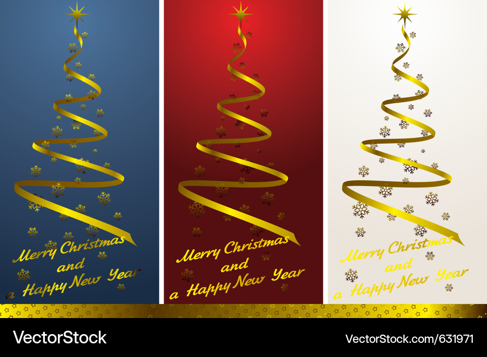 Set of three abstract christmas trees with golden Vector Image