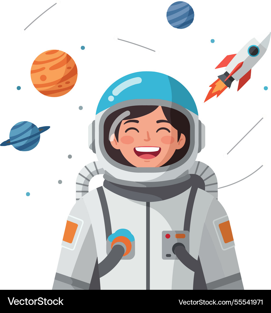 Smiling astronaut in space with planets Smiling astronaut in space with planets Vector Image