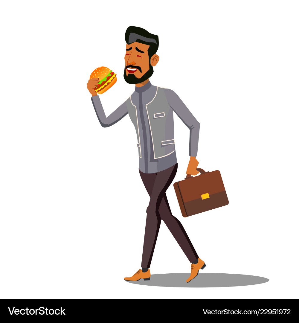 Fast food going businessman eating hamburger Fast food going businessman eating hamburger vector image